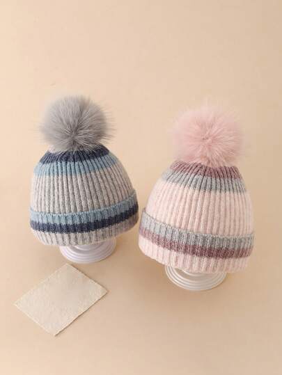 1pc Kids Striped Pom Pom Earflap Knit Hat, Warm Lined Beanie For Boys And Girls, Casual Versatile Autumn/Winter
