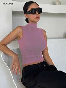 Women High Neck Bodycon Sleeveless Wrap Camisole Preppy Tops - Rosa - Ver 4