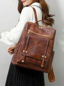 [US-Based Shipping]Halloween And Christmas Bags,Brown Leather Backpack, Fashionable Women's Bag, Extra-Large Capacity Backpack, Minimalist Commuter Bag, Multifunctional Casual Backpack, Zipper Design Backpack, Metal Buckle Decorated Backpack, Urban Style Backpack, Practical Travel Bag, Multipurpose Bag, Minimalist Design, Travel Backpack, Casual Tote Bag, Personal Item Storage, Lightweight And Portable, Professional Accessories - 多色 - 查看 4