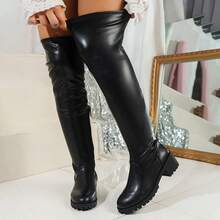 Botas altas sobre la rodilla de mujer de moda 2025 con cremallera lateral, puntera redonda, tacón grueso, sólido, casual, de oficina, de fiesta, de boda, de San Valentín, de otoño/invierno, elásticas, color negro - Negro - Ver 9