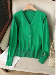 GIGOGOU Simple & Fashionable Spring Autumn Women Knit Cardigan - Army Green - View 2