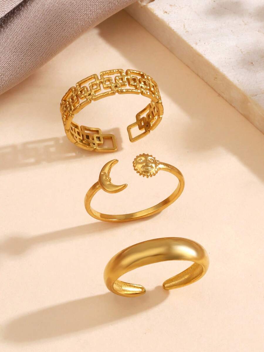1/3pcs 18K Gold Plated Stainless Steel Moon & Sun Open Rings, Suitable For Women's Daily Wear