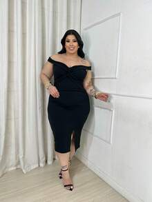 Plus Size Party Midi Dress Prom Elegant Casual Formal Wedding - Black - View 4