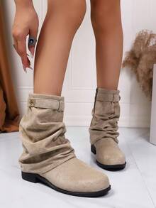 2025 Western Ruched Ankle Boots For Women, Autumn/Winter Vintage Cowboy Riding Boots With Buckle, Holiday Style - Màu be - Xem 3