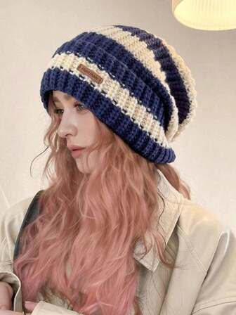 Retro Striped Knitted Beanie Hat For Women, Thick Warm Patch Brimless Cap, Versatile Slouchy Beanie, Outdoor Cold-Proof Elastic Loose Hat, Autumn/Winter