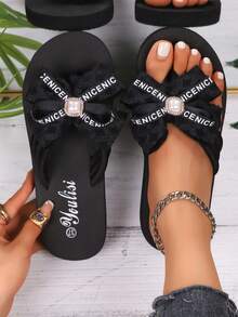 Sandalias de verano con lazo de encaje de moda, con decoración de punta abierta, elementos glamorosos de perlas, regalo perfecto para mujeres y niñas