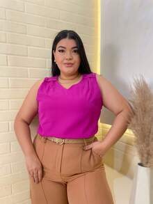 RAINBOW Plain Tank Top Sleeveless Blouse Plain Creppinho With 4 Buttons Plus Size G1G2G3 46-52 Casual Women - 62-FUCSIA - 查看 1