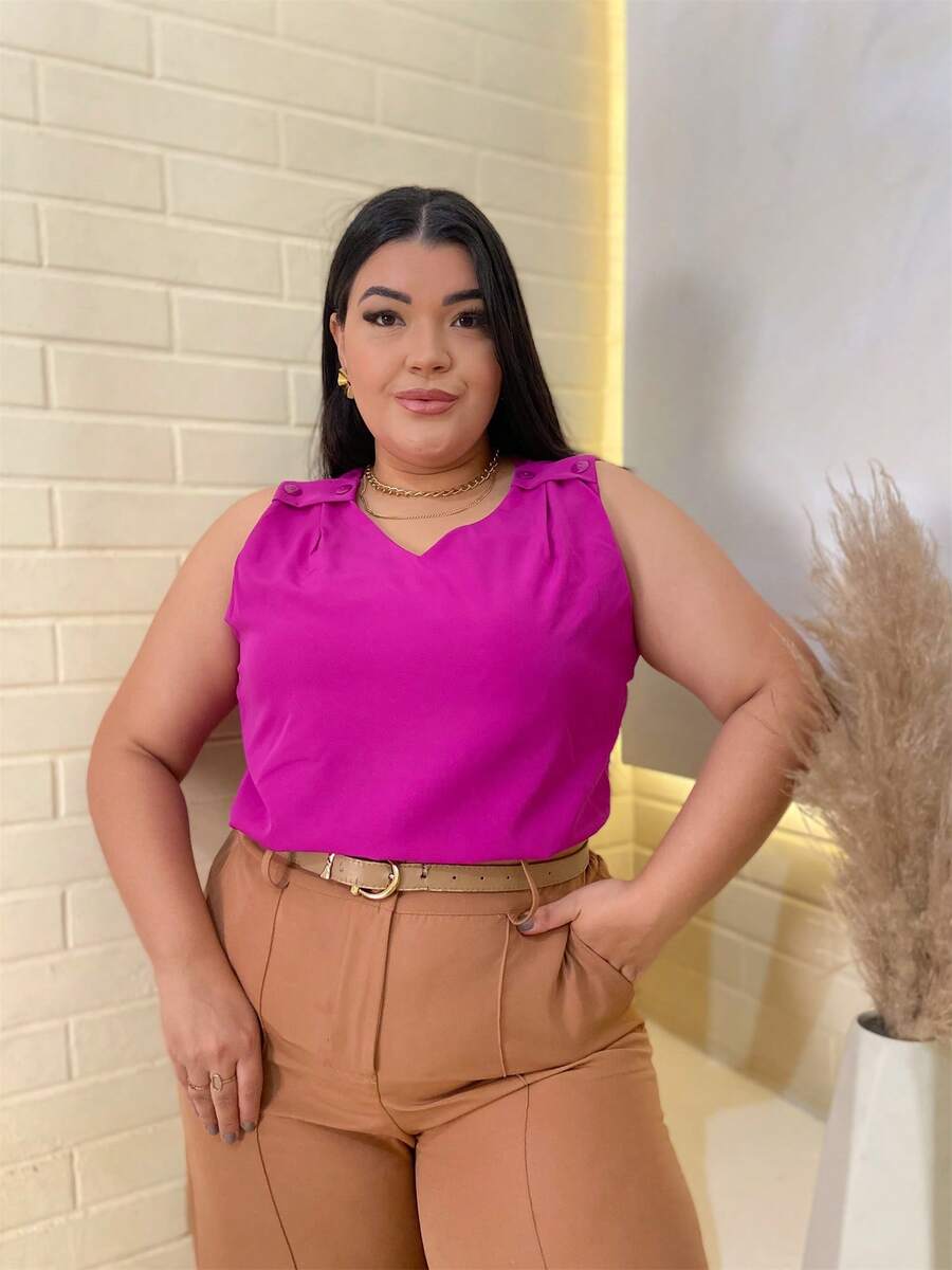 RAINBOW Plain Tank Top Sleeveless Blouse Plain Creppinho With 4 Buttons Plus Size G1G2G3 46-52 Casual Women - 62-FUCSIA - 查看 1