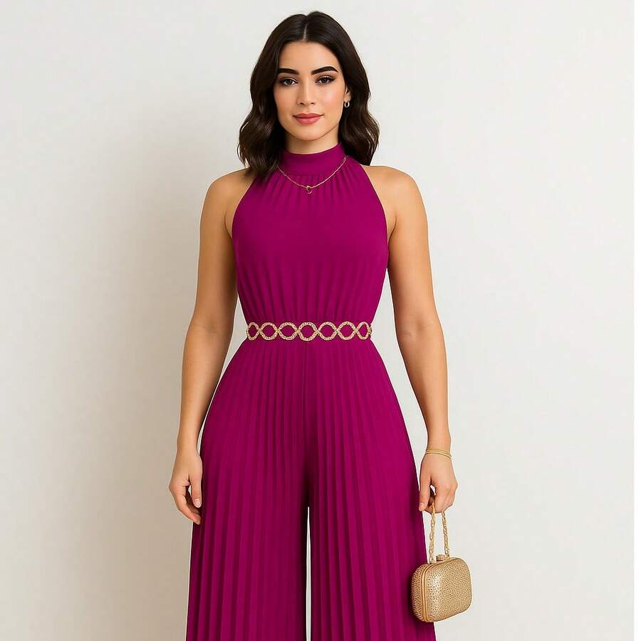 Pleated Jumpsuit For Weddings And Special Events - 玫瑰紅 - 查看 1