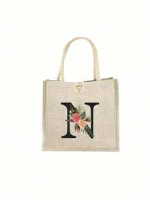 1 Stück Leinen Blumen Buchstaben Handtasche, einfache Handtasche mit großer Kapazität, tragbare lässige Aufbewahrungstasche, multifunktionale Einkaufstasche, personalisiertes Geschenktasche, geeignet für Hochzeiten, Geburtstage, Strände, Festivals, perfekte Geschenke für Frauen, Lehrer, Freunde, Brautjungfern, große Taschen, Studenten und Schulanfang, beste Lehrergeschenke für den Lehrertag, beste Geschenke zur Wertschätzung von Lehrern