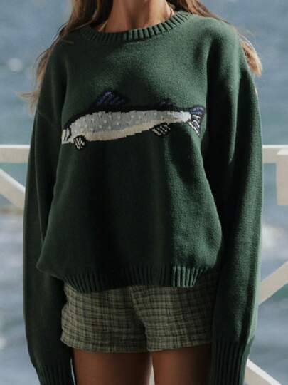 Women Knit Sweater Long Sleeve Crew Neck Fish Pullover Warm Sweater For Fall Winter
