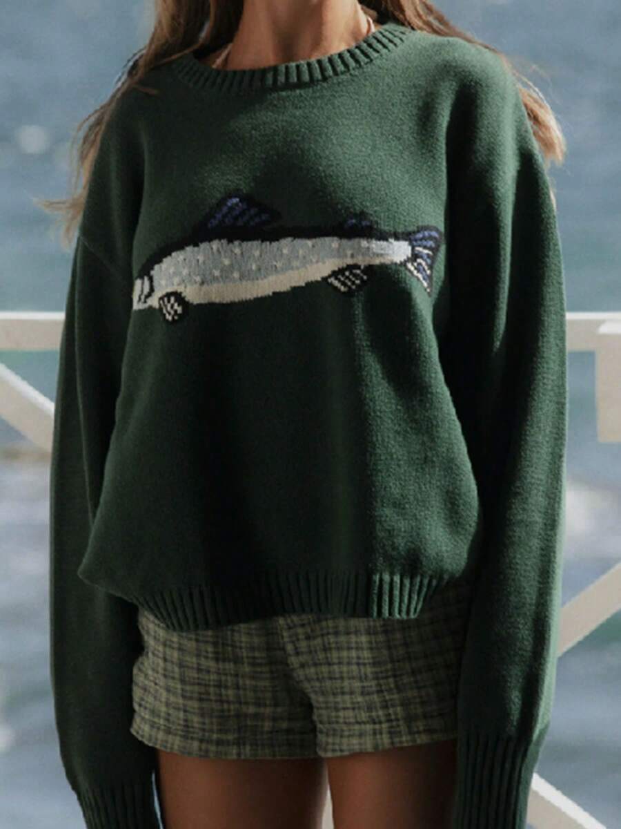 Women Knit Sweater Long Sleeve Crew Neck Fish Pullover Warm Sweater For Fall Winter - 墨綠色 - 查看 1