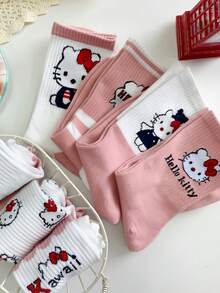 5 Pairs Ruffle Trim Mid-Calf Socks, Cute Cartoon Fashion Versatile Loose Socks