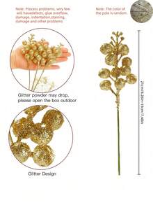 16pcs-Christmas Glitter Berries Stems , Artificial Red Berry Branches Holly Picks Stems,7.8 Inch Artificial Christmas Picks For Christmas Tree Ornaments, DIY Xmas Wreath, Crafts, Holiday And Home Decor, Gold