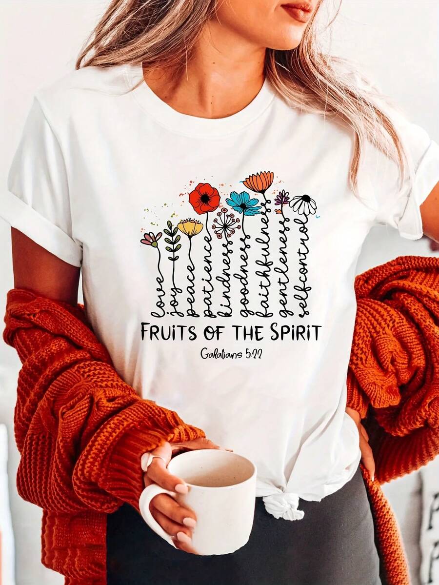Camiseta De Fe Cristiana Para Mujer - Frutos Del Espíritu Gálatas 5:22-23 Versículo Bíblico - Estampado Floral De Crecimiento Espiritual - Cuello Redondo Suave Y Transpirable, Ropa Casual Para La Iglesia - Diseño Pastel Inspirador, Moda Religiosa, Camiseta Ligera Lavable A Máquina - Blanco - Ver 1