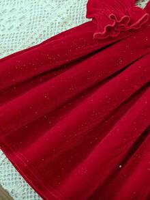 Mädchen Herbst/Winter Konfetti Muster Rüschen Kragen & Rüschen Ärmel Kleid, rote Farbe passend für Feiertage und zum Tragen mit Schwestern. Geeignet für Weihnachten, sehr passend für Lässig und täglichen Tragen im Herbst/Winter sowie Schulkleidung - Bordeaux - Übersicht 6
