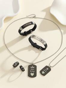 ATLVXJL 6pcs/Set Couple Friendship & Love Glow-In-The-Dark Heart, Crown, Her King & His Queen Pendant Necklace, Silicone Bracelet, Ring Jewelry Set, Casual Accessories Suitable For Daily Wear And Holiday Gift