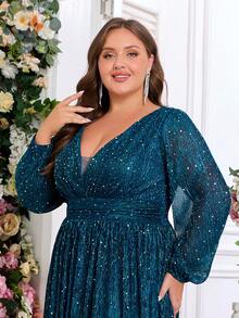 Vestido formal de fiesta con cuello en V, manga farol y brillo para tallas grandes