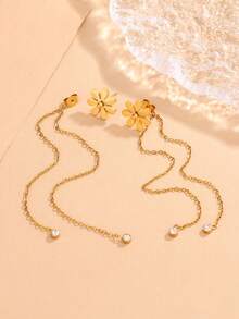 1 对时尚可爱的雏菊花流苏不锈钢耳钉，适合女性日常佩戴或节日/派对场合 - 金黃色 - 查看 6