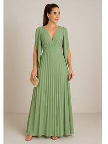 Long Pleated Dress V-Neckline Bridesmaid Dress For Wedding Graduation And Parties - Olive Green - View 1