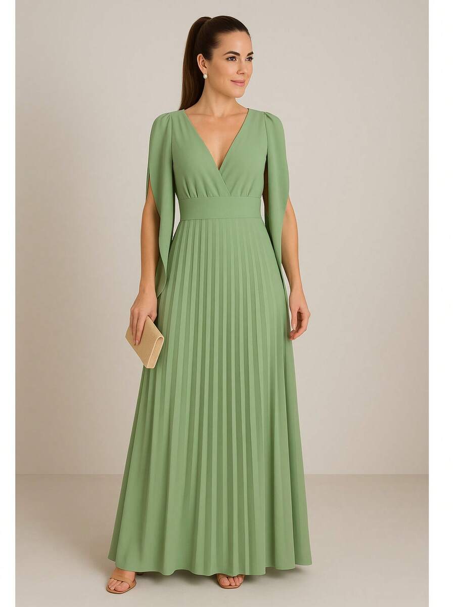 Long Pleated Dress V-Neckline Bridesmaid Dress For Wedding Graduation And Parties - Olive Green - View 1