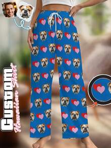 Personalized Face & Red Heart Design Soft Washable Loungewear, Anniversary & Valentine's Day Gift, Casual Suit, Funny Pattern, Comfortable Fit, Customizable Photo & Bulldog Face & Heart Pattern Pajama Set (Unisex) S-2XL