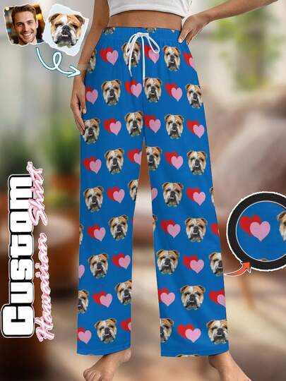 Personalized Face & Red Heart Design Soft Washable Loungewear, Anniversary & Valentine's Day Gift, Casual Suit, Funny Pattern, Comfortable Fit, Customizable Photo & Bulldog Face & Heart Pattern Pajama Set (Unisex) S-2XL