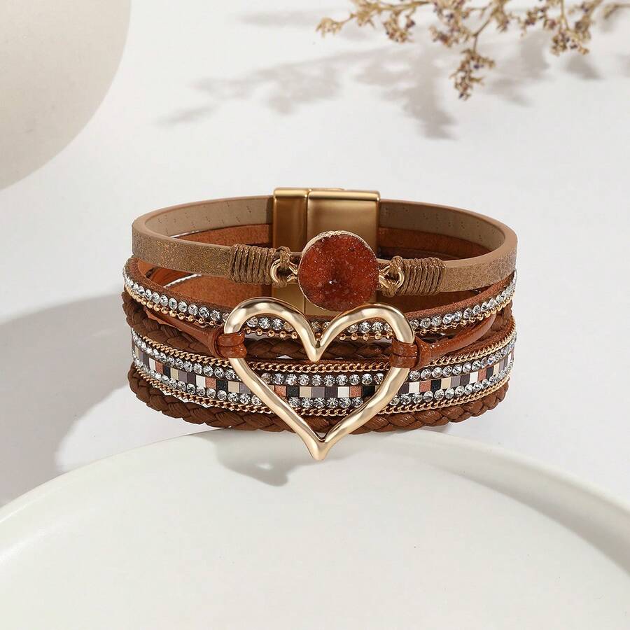 Leather Rope Bracelet Bohemian Multi-Layer Bracelet Raw Stone Heart Bracelet Women's Wrapped Leather Bracelet - 咖啡 - 查看 1