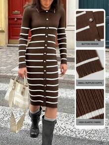 Cárdigan largo para mujer, de tela de punto a rayas, con botones delanteros, rayas acanaladas, para uso casual en vacaciones, citas por la noche, viajes, aeropuerto, otoño/invierno