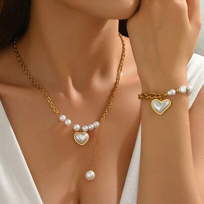 1 套法式浪漫心形和白珍珠流苏项链和手链首饰套装，适合女士，高品质防水心形串珠首饰，优雅的个性化设计，适合日常佩戴、节日、情人节、家庭场合和送礼