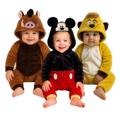 Disney Pack 3 Mameluco con gorro bordado sin pie Pumba, Mickey, Timon