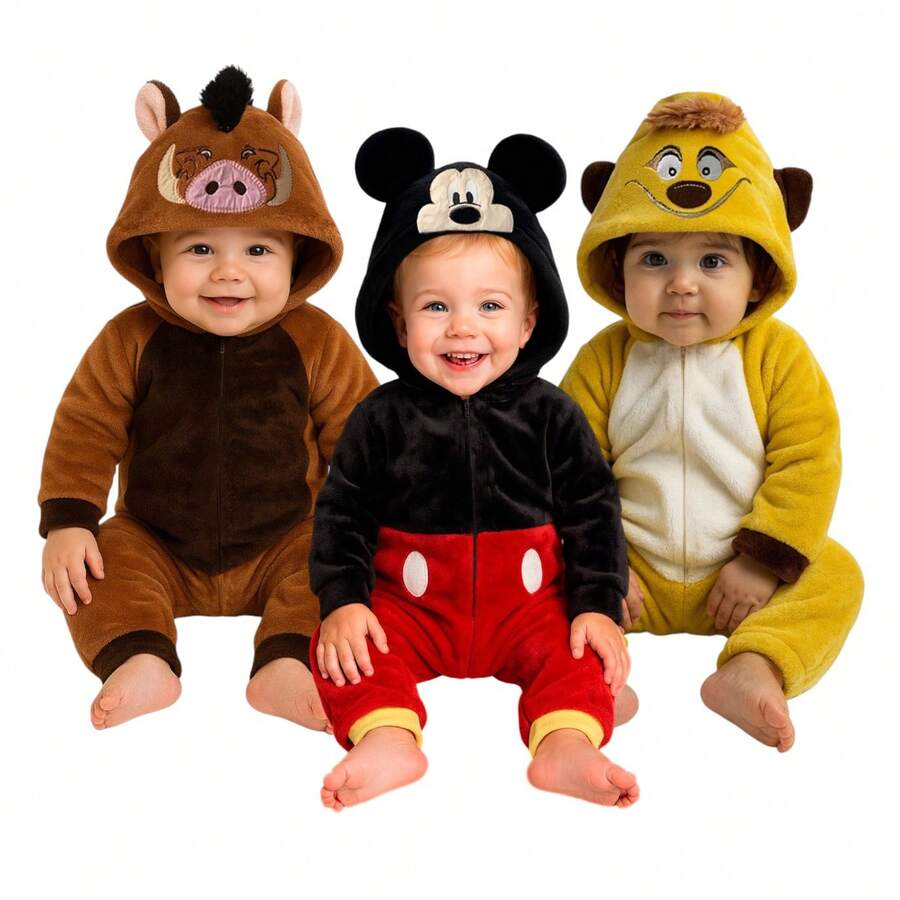 Disney Pack 3 Mameluco con gorro bordado sin pie Pumba, Mickey, Timon - Multicolor - Ver 1