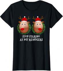 Womens Stop Staring At My Reindeers Boobs Ugly Gag Xmas Sweater Short Sleeve T-Shirt - 黑色 - 查看 1