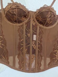 Top corto con tirantes de espagueti de encaje marrón, con aros y ballenas - Realza y estiliza el busto de la mujer