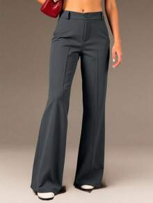 Women's Tailored Flare Pants With Fake Pockets At The Back - Grey - View 2