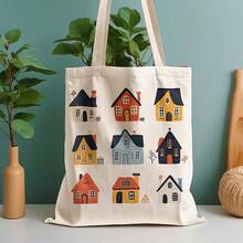 1pc Cartoon House Illustration Canvas Tote Bag - 13.8x15.8 Reusable Grocery Bag, Durable Polyester Canvas With Leak-Proof Design, Colorful Whimsical Houses Pattern Daily Commute, School, Shopping - House Lovers (Mother's Day, Graduation, Easter), Everyday Carryall, Sturdy Construction, Students And Commuters