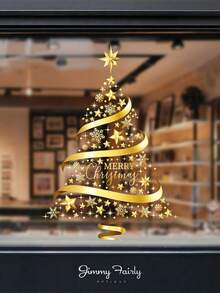 1 szt. Naklejka choinkowa, odpowiednia na okna – złota naklejka świąteczna z gwiazdami i płatkami śniegu – bez prądu, bez piór, świąteczna dekoracja na szklanej powierzchni – odpowiednia do dekoracji biura i ogrodu