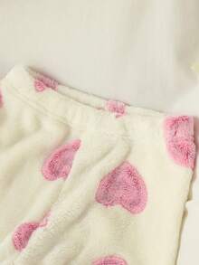 两件套女童毛绒睡衣套装，可爱毛茸茸心形图案圆领长袖上衣和长裤，休闲家居服，秋冬 - 粉色 - 查看 6