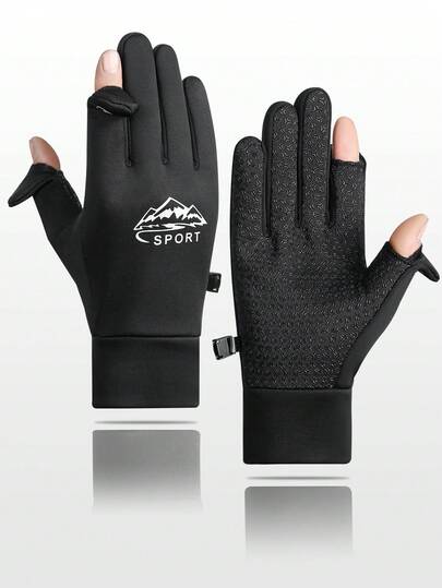 1双加厚保暖翻盖露指手套，防水防滑，适用于驾驶、跑步、骑自行车、钓鱼、送货、防风，男女通用