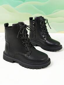 Unisex Kids' Boots, Round Toe, Black, Front Lace-Up, Side Zipper, Autumn/Winter New Style, Suitable For Primary And Middle School Students, Stage Performance, Vacation, Casual, Party - Black - View 5