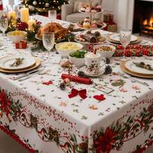 1pc Christmas Holly Berry Red & Green Print Design Table Cover, Durable Polyester Tablecloth Suitable For Rectangular, Round Tables, Multiple Sizes Available, Home Decor Tablecloth, Dining Table Throw, Holiday Patio Fireplace Decoration, Wedding Garden Farmhouse Table Fireplace Decor, Easy-To-Clean Holiday Dining Table Setting, Indoor, Outdoor, Christmas Decoration, Room Decor - Multicolor - View 14