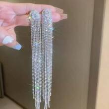 2pcs Bride Decor Long Tassel Earrings, Copper Zirconia Stone, Unique Design Elegant Earrings Suitable For Wedding, Formal Dress