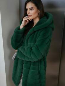 Abrigo Elegante Largo de Color Sólido con Capucha y de Peluche, Envolvente para Mujer Ideal para Otoño/Invierno - Verde Esmeralda - Ver 4