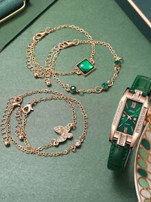 5pcs/Set Elegant Green Strap Quartz Watches With Rhinestones For Women, Suitable For Holidays, Birthdays, Gifts For Loved Ones - Multicolor - View 2