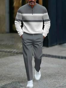 Men's 2-Piece Black And White Striped Tracksuit | Half-Collar Sweatshirt | High-Quality Polyester Fabric, Wrinkle-Resistant And Easy-Care | Retro And Classic Street Style - Xám - Xem 4