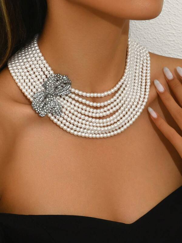 قلادة اللؤلؤ الفاخرة - قلادة لؤلؤ صناعي متعددة الخيوط أنيقة - قلادة كريستال فاخرة ، إكسسوار حفلات وولائم للنساء