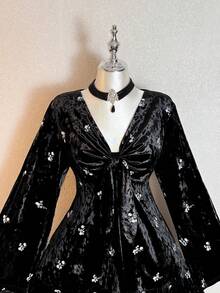 Rusttydustty Damen Große Größen Boho Tee-Party Alltags Nationalität Urlaubs Schwarzes Samt Mini-Kleid mit Blumenstickerei, Bindedetail, A-Linie Langarm Kleid für Cyber Monday, Weihnachten, Thanksgiving, Silvester Partys