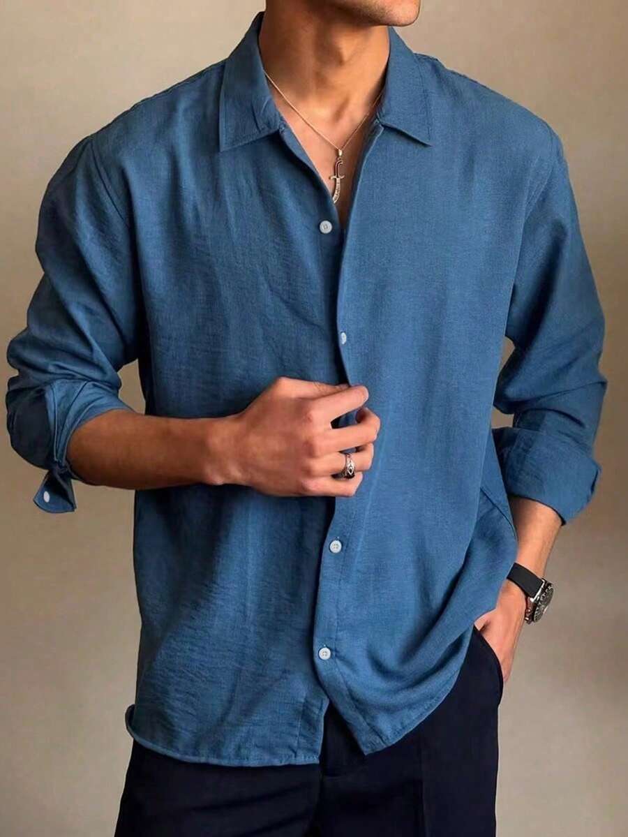Camicia casual ampia da uomo con colletto alla coreana, manica lunga, colore blu, traspirante e versatile per primavera/autunno, adatta per uso quotidiano, tempo libero, regali per vacanze