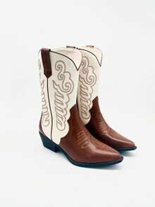 Botas vaqueras para mujer, botas medias de nuevo diseño, con bordados y patchwork, tacón medio y grueso ideal para la fiesta y uso diario - Camel - Ver 7