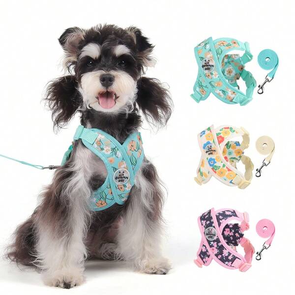 Spring New Style Floral Dog Harness And Leash Set, Adjustable & Comfortable For Small Dogs, Canvas Digital Printing Breathable With Cute Flower Prints In Multiple Colors, Escape-Proof Walking Gear For Stylish And Pet Outings